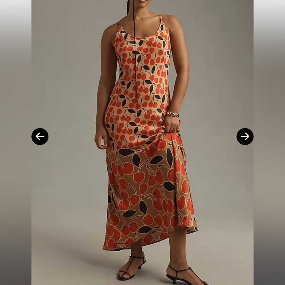 Anthropologie Conditions apply cherry satin silky print maxi dress medium/ large - Picture 2 of 10